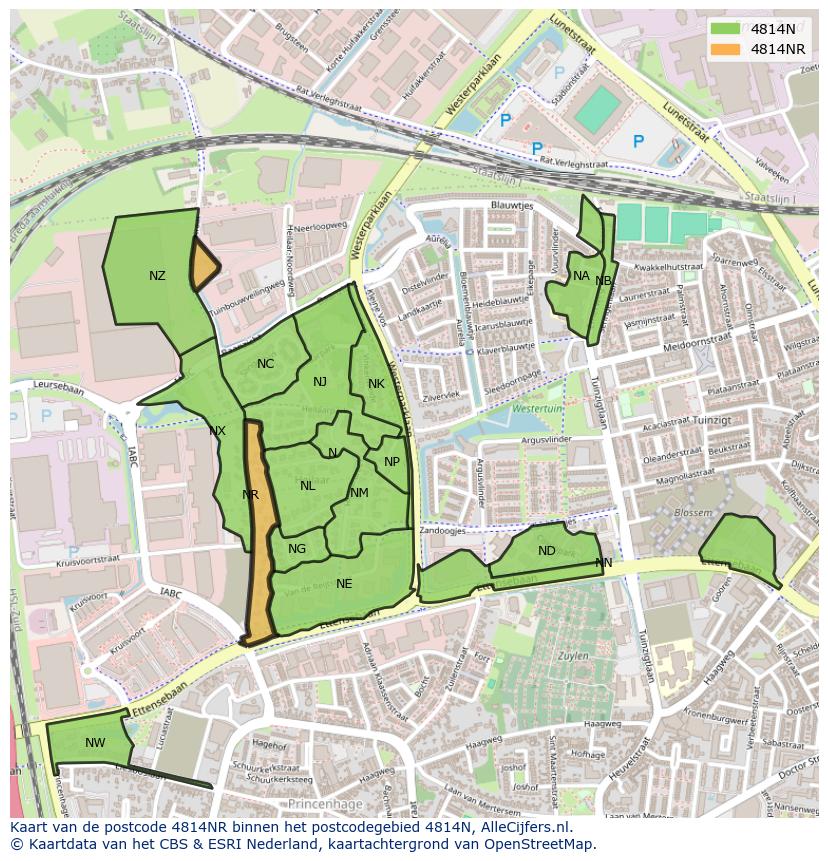Afbeelding van het postcodegebied 4814 NR op de kaart.