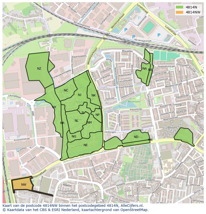 Afbeelding van het postcodegebied 4814 NW op de kaart.