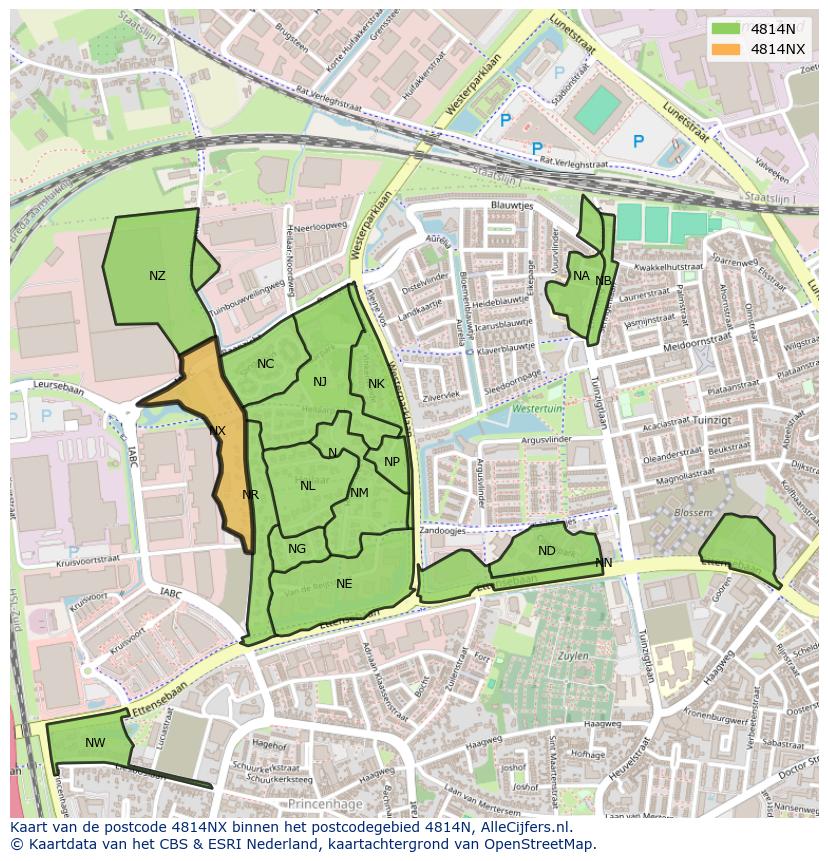 Afbeelding van het postcodegebied 4814 NX op de kaart.