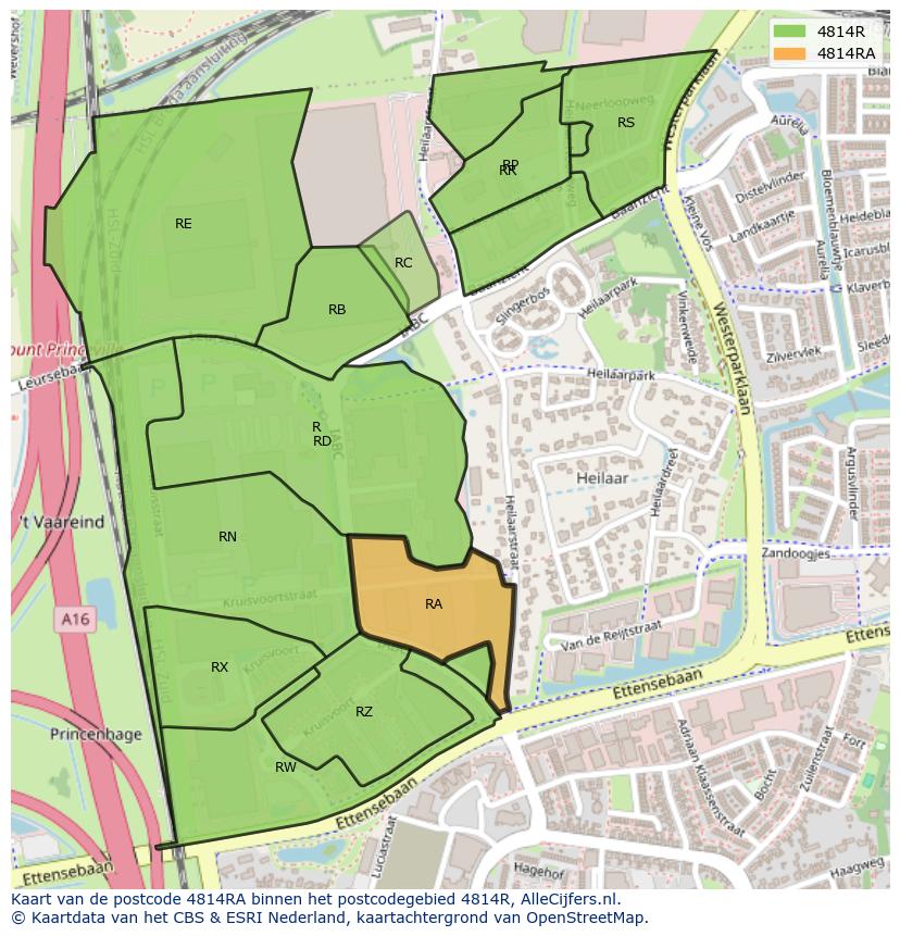 Afbeelding van het postcodegebied 4814 RA op de kaart.