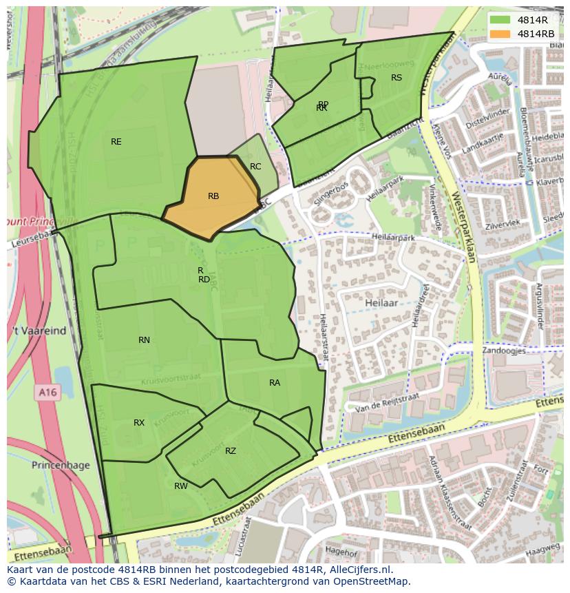 Afbeelding van het postcodegebied 4814 RB op de kaart.