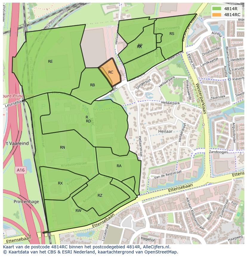 Afbeelding van het postcodegebied 4814 RC op de kaart.