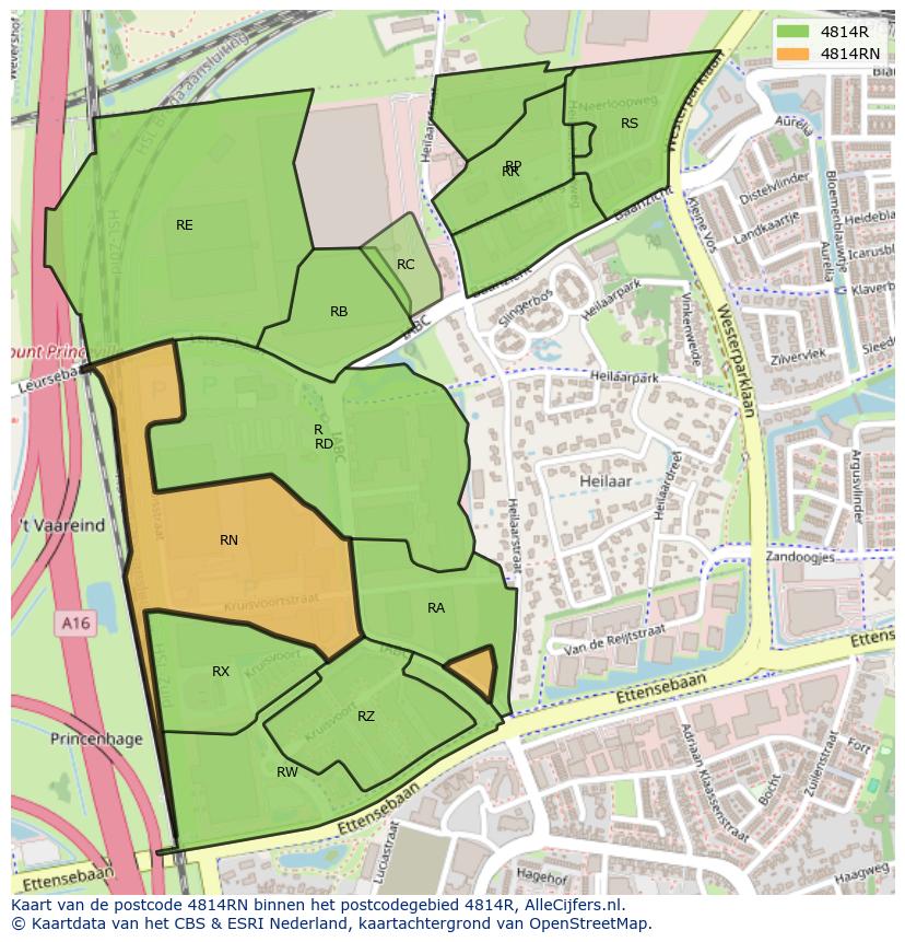 Afbeelding van het postcodegebied 4814 RN op de kaart.