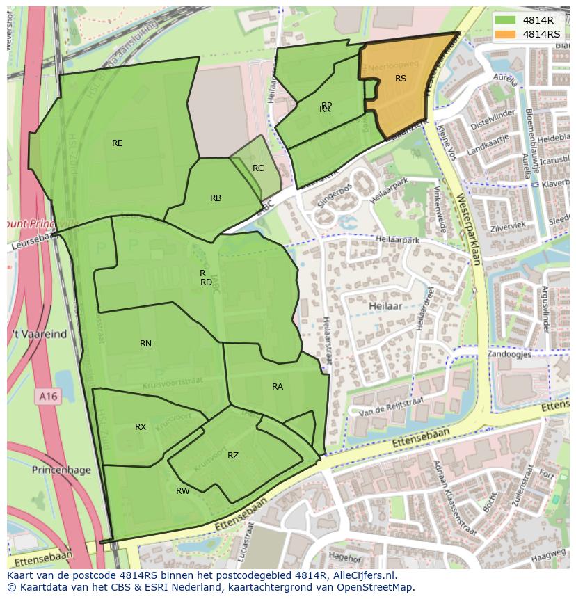 Afbeelding van het postcodegebied 4814 RS op de kaart.