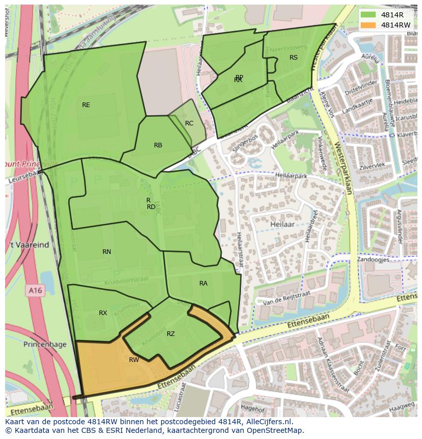 Afbeelding van het postcodegebied 4814 RW op de kaart.