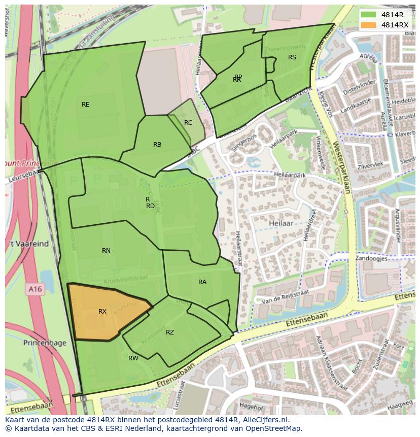 Afbeelding van het postcodegebied 4814 RX op de kaart.