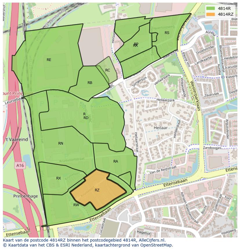 Afbeelding van het postcodegebied 4814 RZ op de kaart.