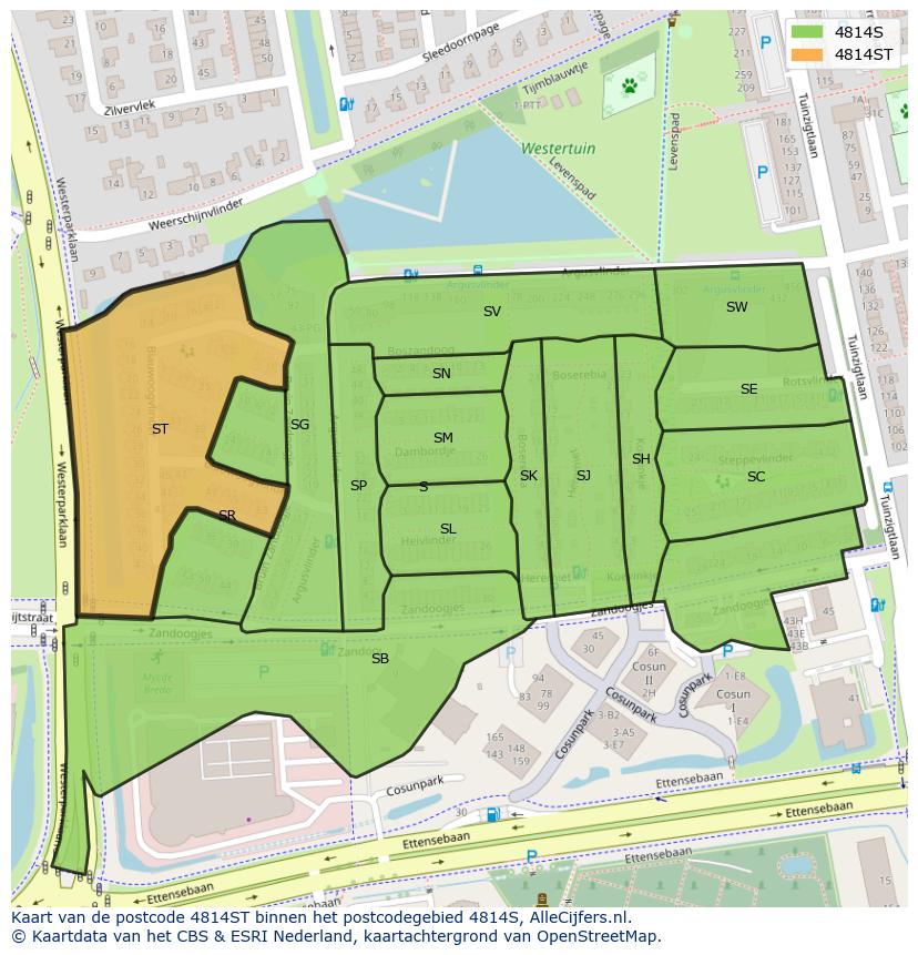 Afbeelding van het postcodegebied 4814 ST op de kaart.