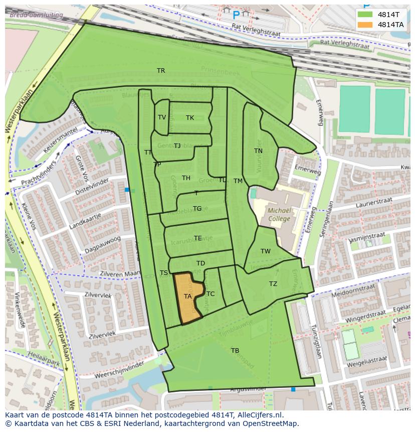 Afbeelding van het postcodegebied 4814 TA op de kaart.