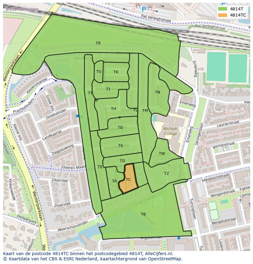 Afbeelding van het postcodegebied 4814 TC op de kaart.