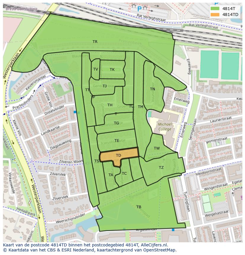 Afbeelding van het postcodegebied 4814 TD op de kaart.