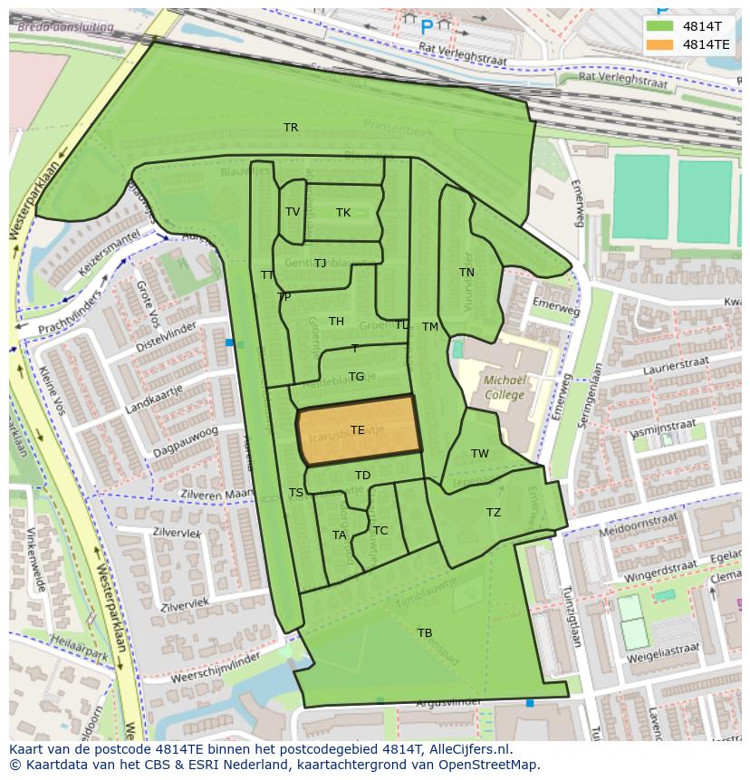 Afbeelding van het postcodegebied 4814 TE op de kaart.