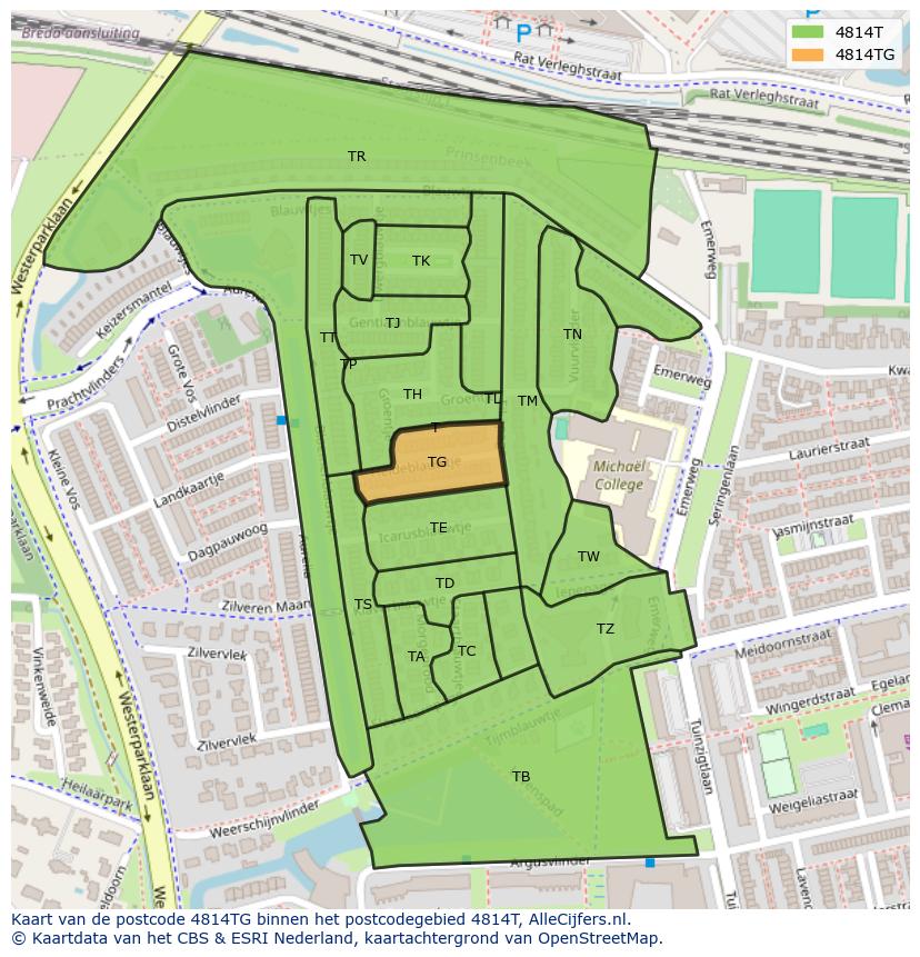 Afbeelding van het postcodegebied 4814 TG op de kaart.
