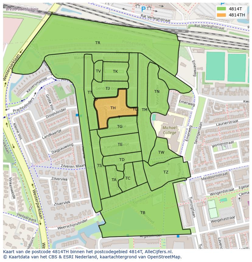 Afbeelding van het postcodegebied 4814 TH op de kaart.
