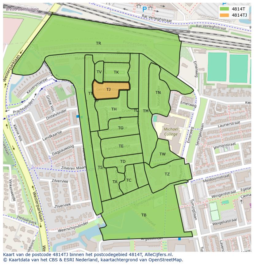 Afbeelding van het postcodegebied 4814 TJ op de kaart.
