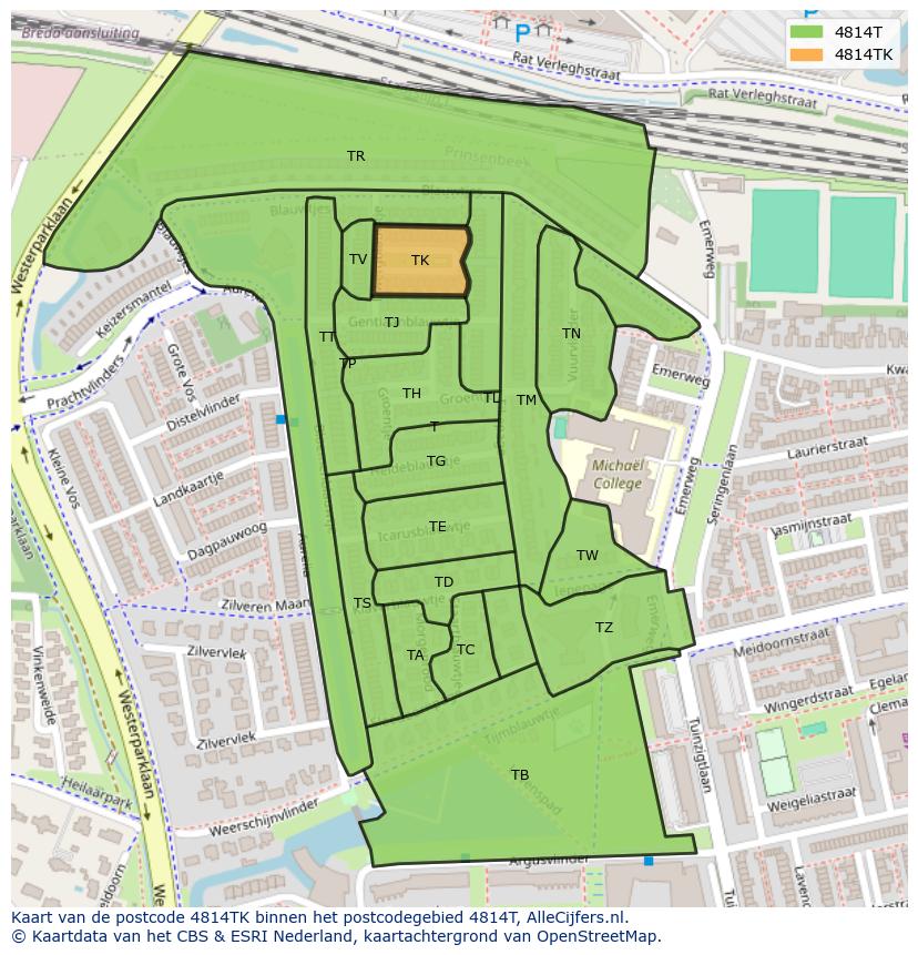 Afbeelding van het postcodegebied 4814 TK op de kaart.