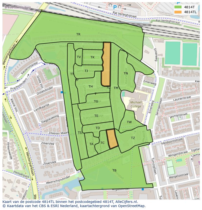Afbeelding van het postcodegebied 4814 TL op de kaart.