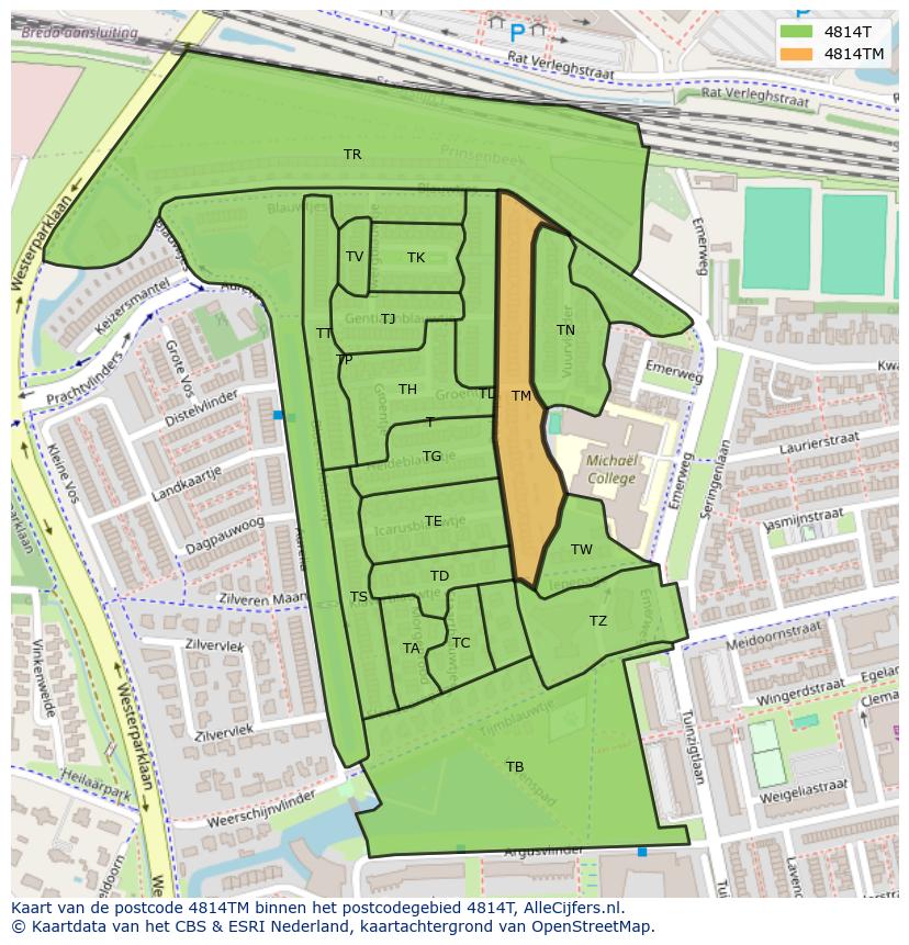 Afbeelding van het postcodegebied 4814 TM op de kaart.
