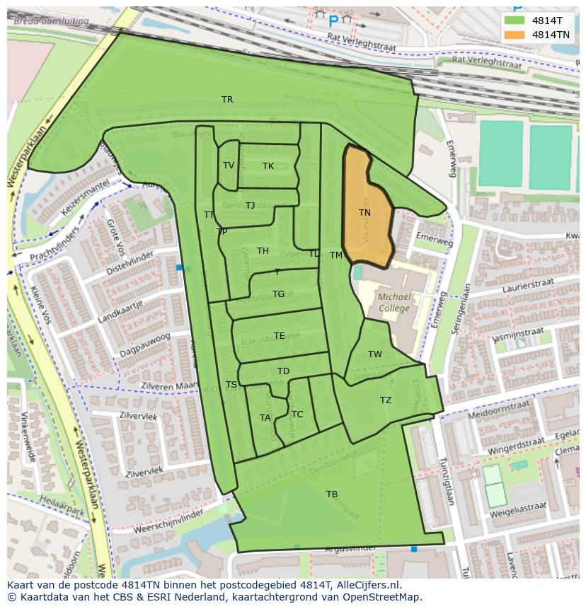 Afbeelding van het postcodegebied 4814 TN op de kaart.