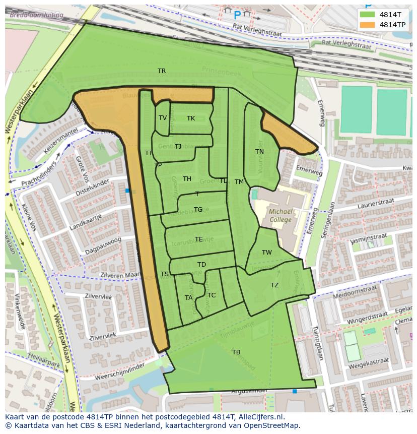 Afbeelding van het postcodegebied 4814 TP op de kaart.