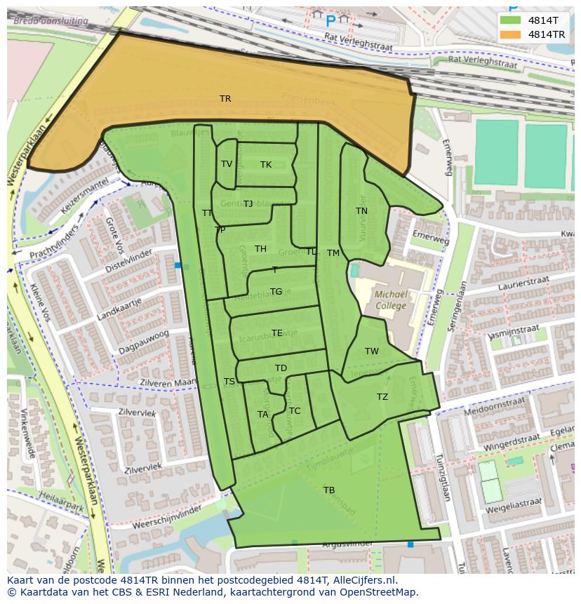 Afbeelding van het postcodegebied 4814 TR op de kaart.