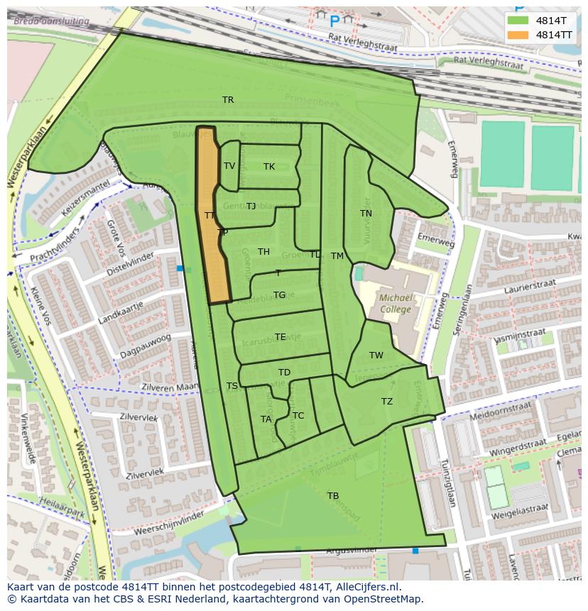 Afbeelding van het postcodegebied 4814 TT op de kaart.