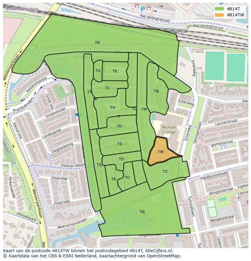Afbeelding van het postcodegebied 4814 TW op de kaart.