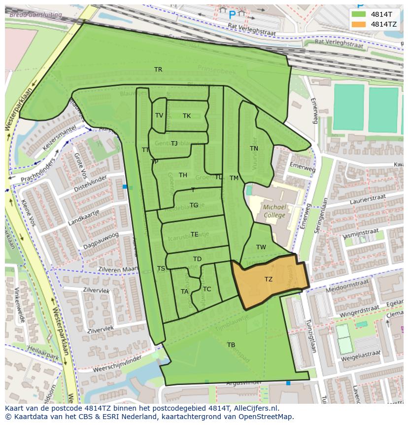 Afbeelding van het postcodegebied 4814 TZ op de kaart.