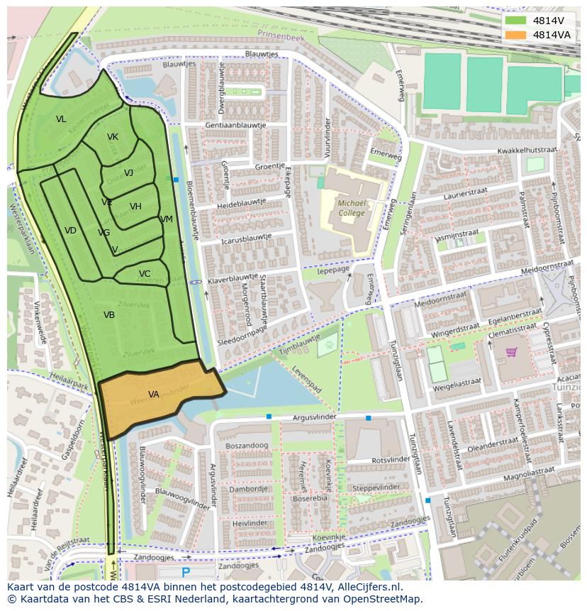 Afbeelding van het postcodegebied 4814 VA op de kaart.