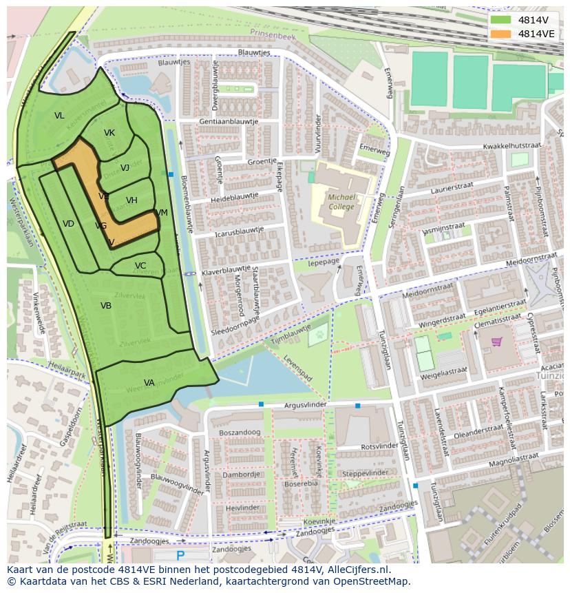 Afbeelding van het postcodegebied 4814 VE op de kaart.