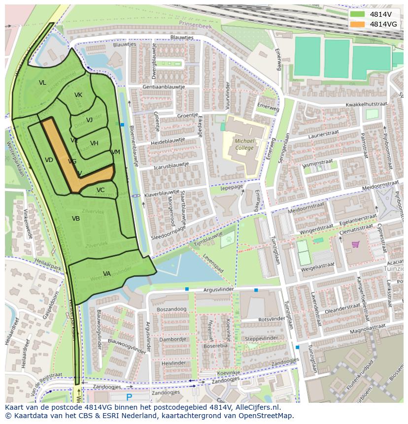 Afbeelding van het postcodegebied 4814 VG op de kaart.