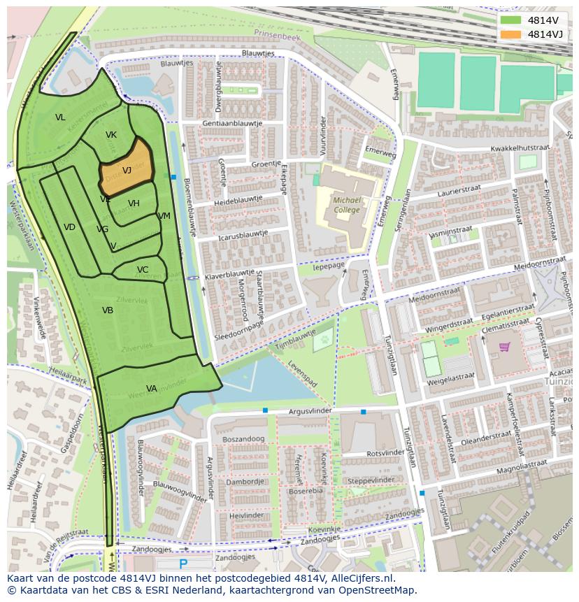 Afbeelding van het postcodegebied 4814 VJ op de kaart.