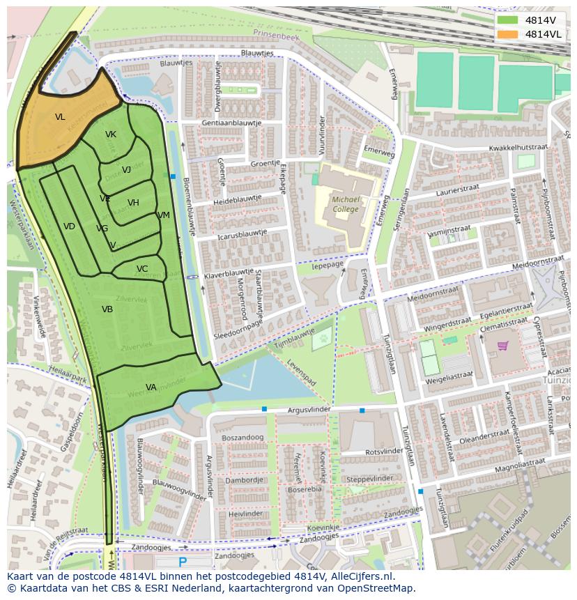 Afbeelding van het postcodegebied 4814 VL op de kaart.