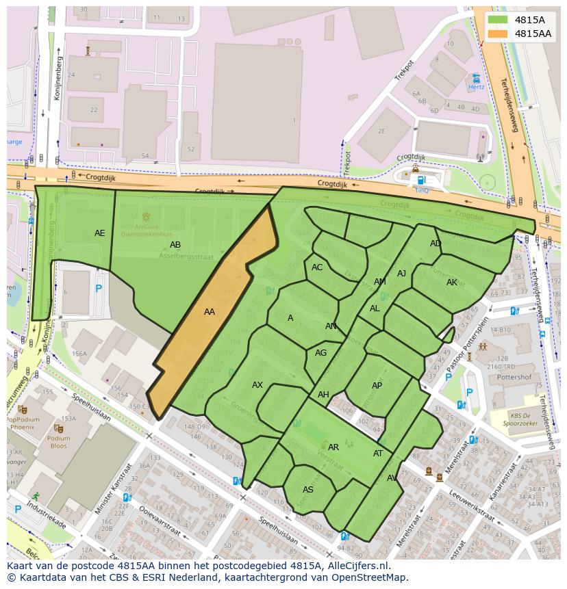 Afbeelding van het postcodegebied 4815 AA op de kaart.