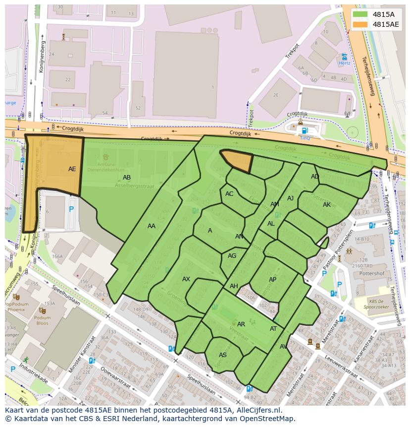 Afbeelding van het postcodegebied 4815 AE op de kaart.