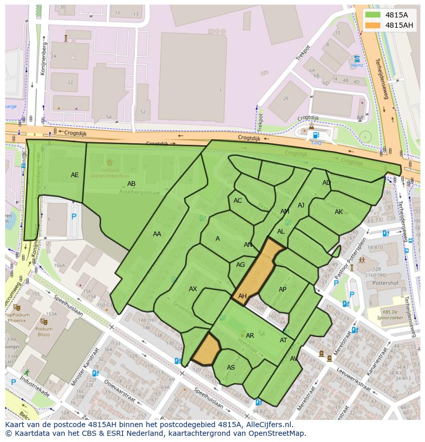 Afbeelding van het postcodegebied 4815 AH op de kaart.