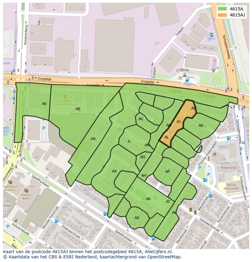 Afbeelding van het postcodegebied 4815 AJ op de kaart.