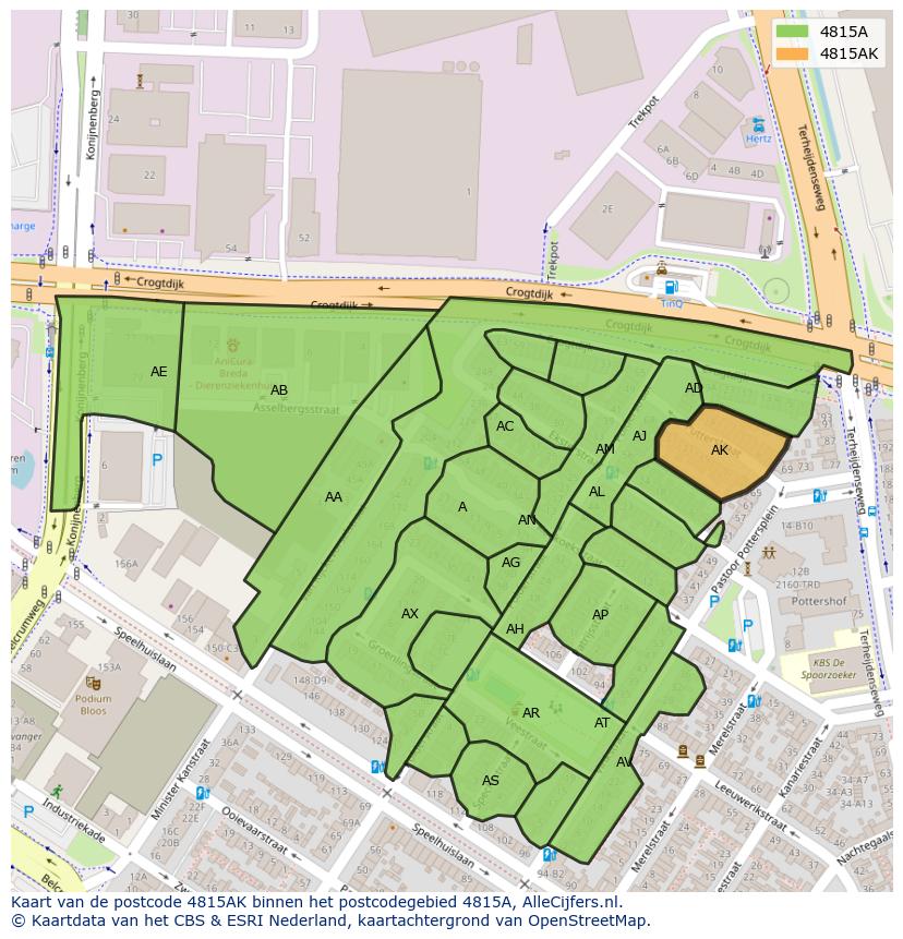 Afbeelding van het postcodegebied 4815 AK op de kaart.