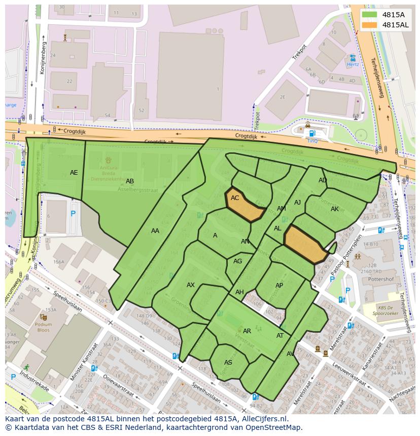 Afbeelding van het postcodegebied 4815 AL op de kaart.