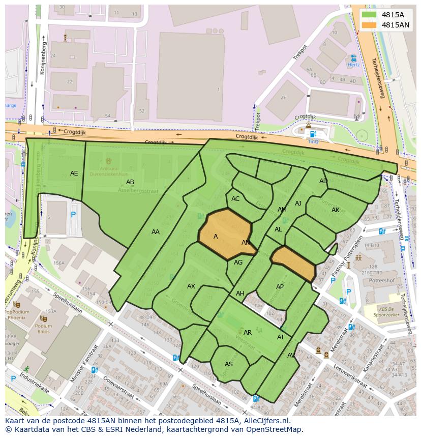 Afbeelding van het postcodegebied 4815 AN op de kaart.
