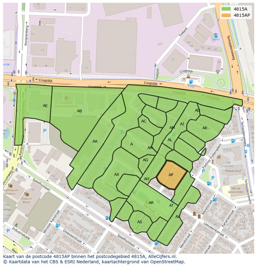 Afbeelding van het postcodegebied 4815 AP op de kaart.
