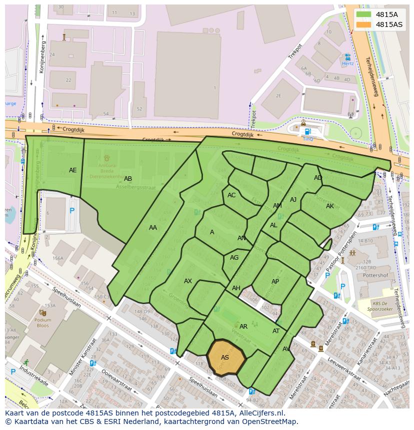 Afbeelding van het postcodegebied 4815 AS op de kaart.