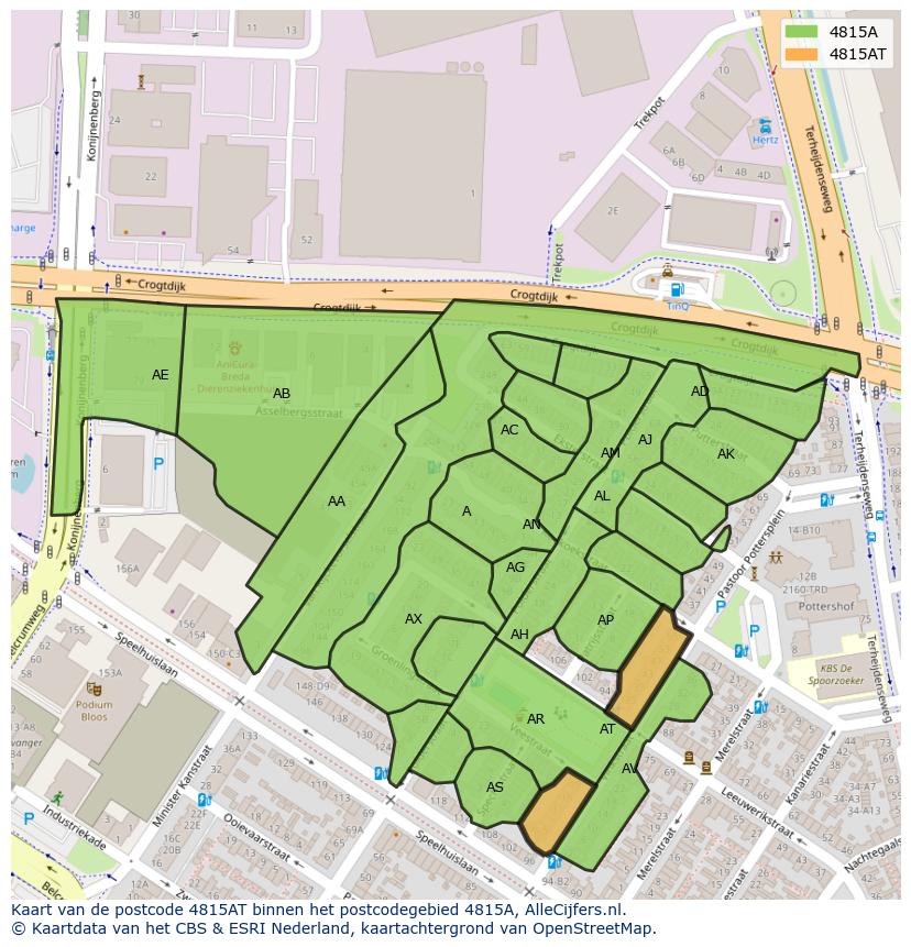 Afbeelding van het postcodegebied 4815 AT op de kaart.