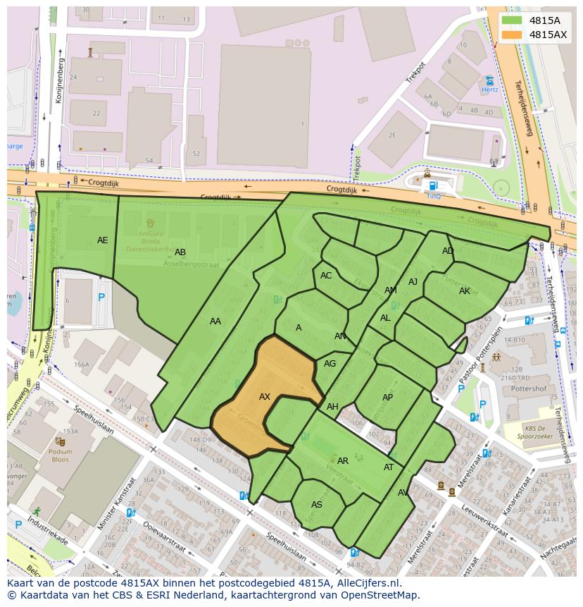 Afbeelding van het postcodegebied 4815 AX op de kaart.