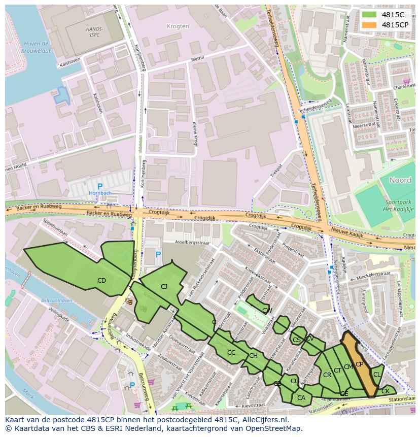 Afbeelding van het postcodegebied 4815 CP op de kaart.