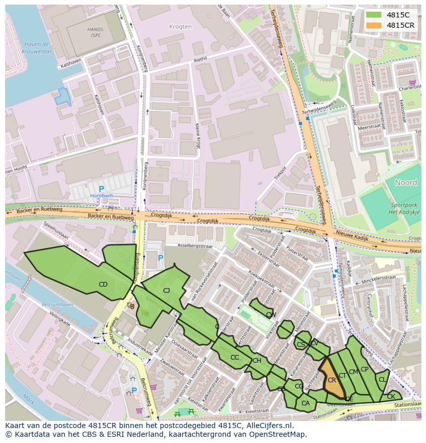 Afbeelding van het postcodegebied 4815 CR op de kaart.