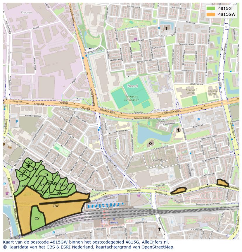 Afbeelding van het postcodegebied 4815 GW op de kaart.