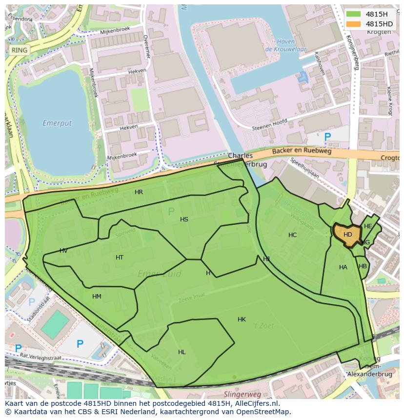 Afbeelding van het postcodegebied 4815 HD op de kaart.