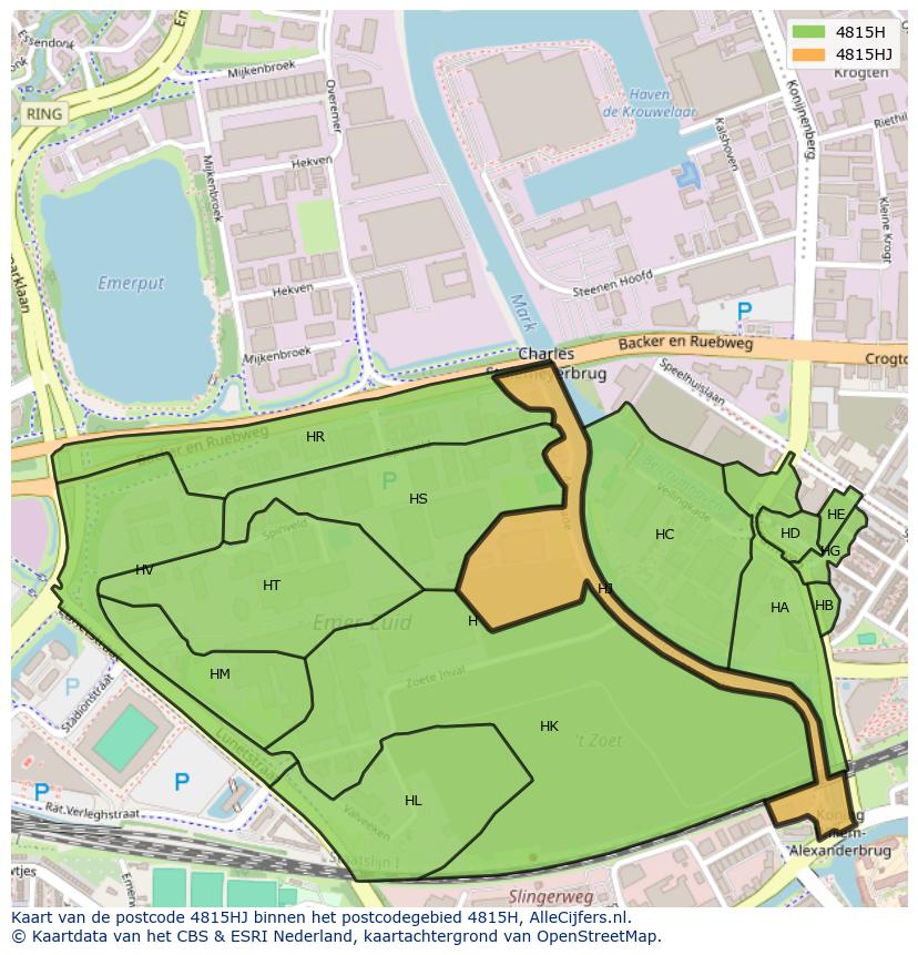 Afbeelding van het postcodegebied 4815 HJ op de kaart.