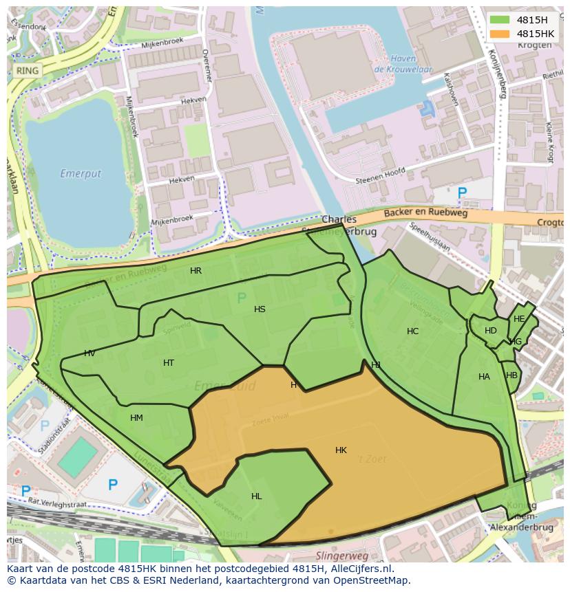 Afbeelding van het postcodegebied 4815 HK op de kaart.